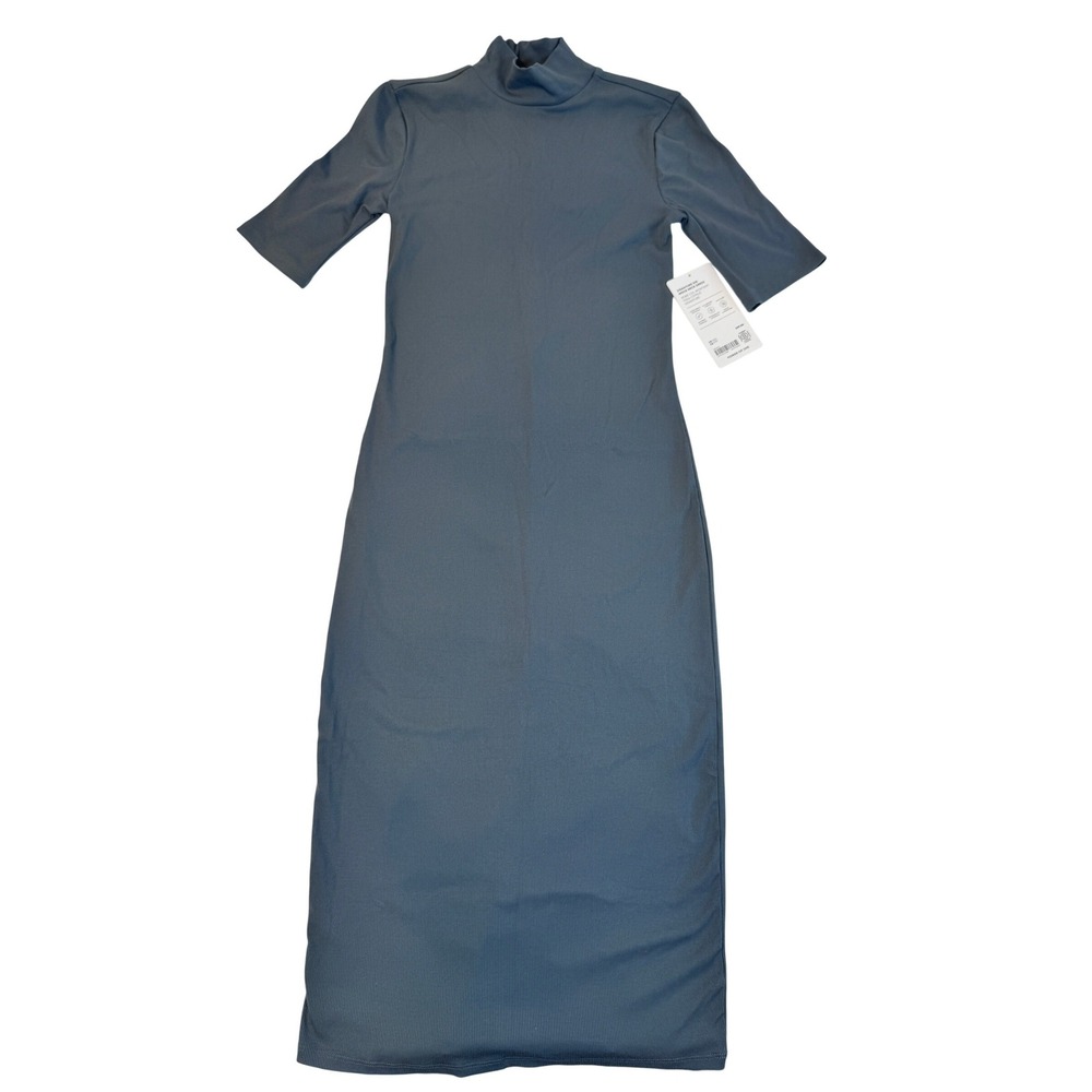 Athleta Signature Rib Mock Neck Dress Blue Grey Short Sleeve Midi XXS NWT